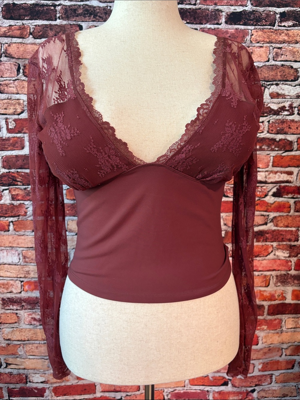 Free People Intimately Lace-Trim Deep V Long Sleeve Lace Mauve Boho Blouse Large
